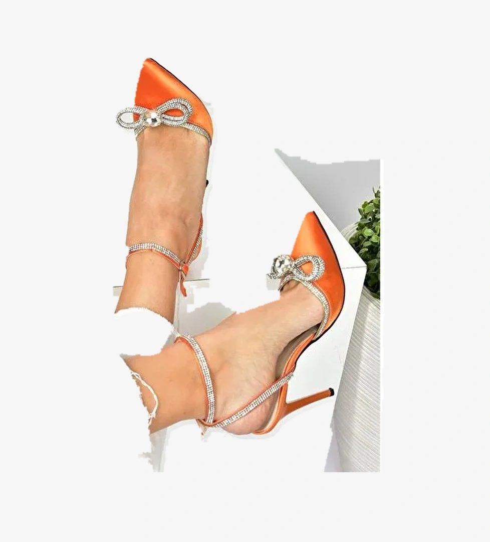 Turuncu Saten Kumaş Taşlı Kadın Topuklu Ayakkabı K654051204 - Görsel 1