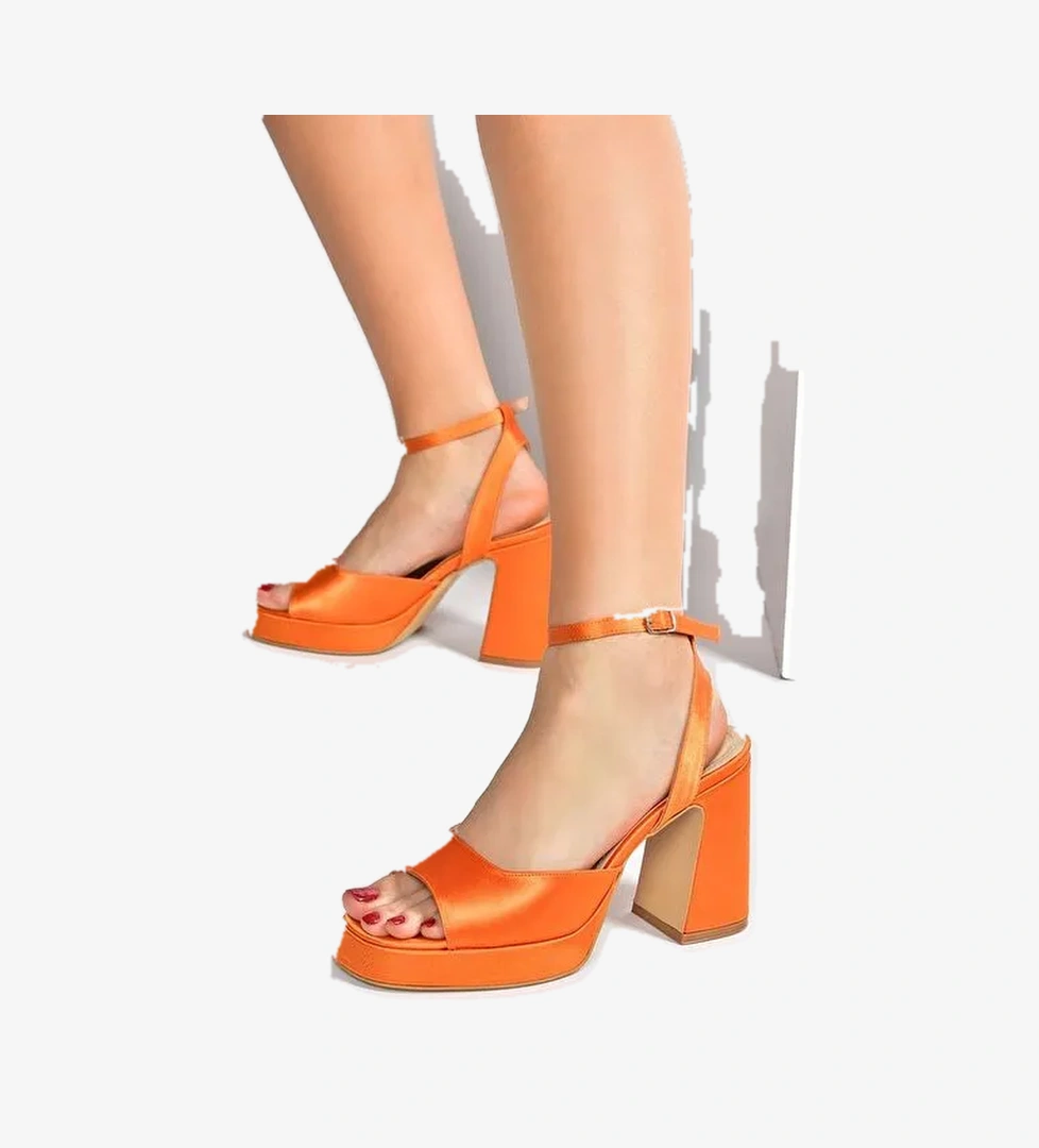 Turuncu Saten Kumaş Kalın Platform Topuklu Kadın Ayakkabı M570345604 - Görsel 1