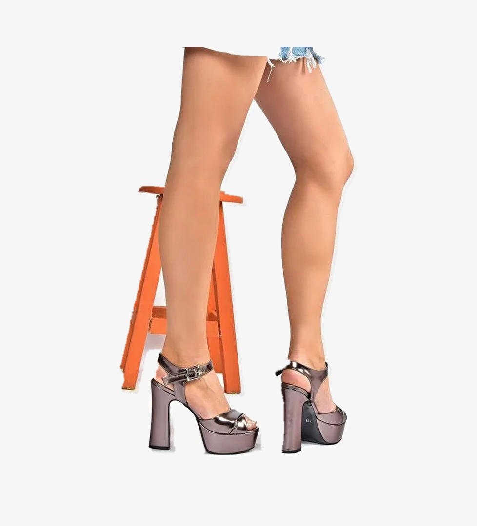 M348202459 Platin Metalik Platform Topuklu Kadın Abiye Ayakkabı - Görsel 1