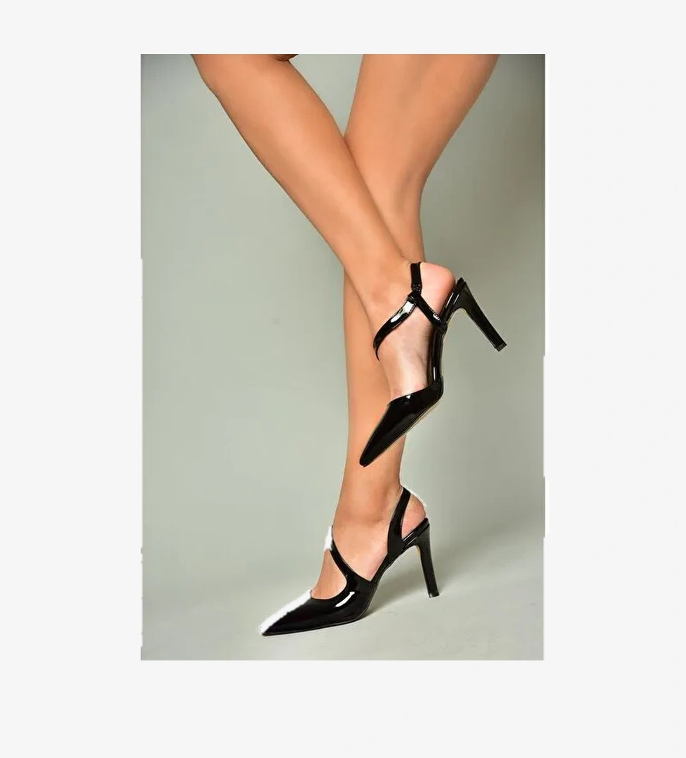 K404910808 Siyah Rugan Sivri Burun Kadın Topuklu Ayakkabı - Görsel 1