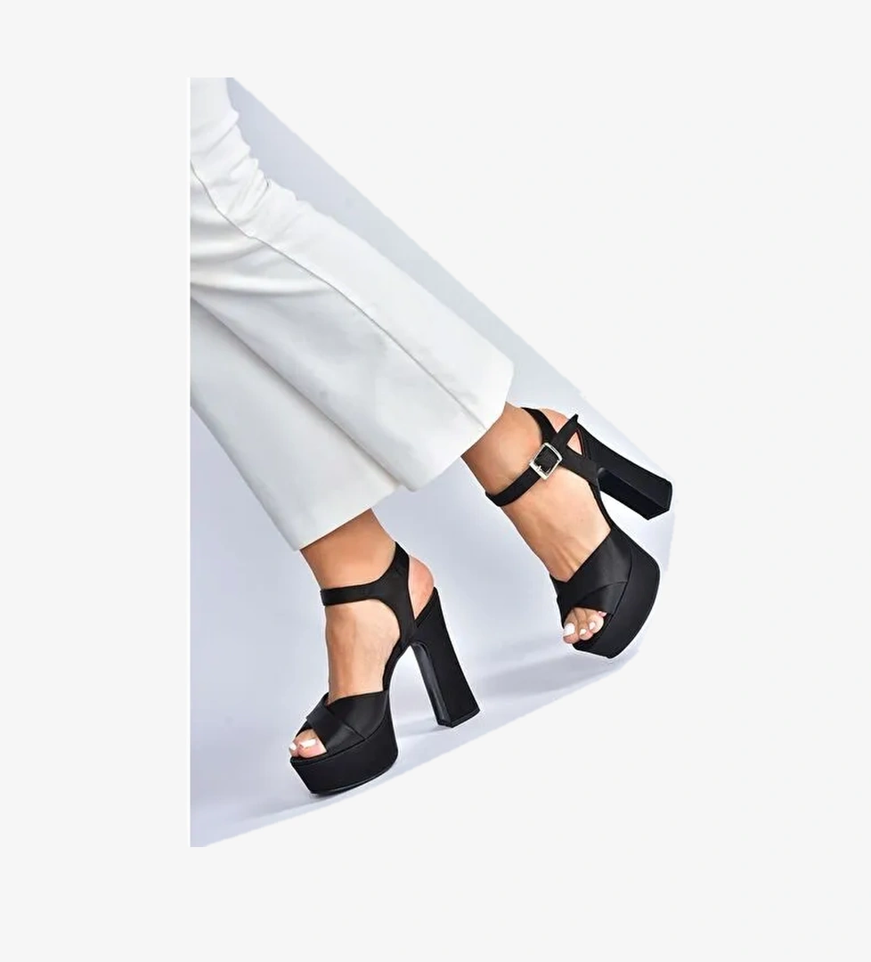 Siyah/Siyah Saten Kumaş Platform Topuklu Kadın Abiye Ayakkabı M348202404 - Görsel 1