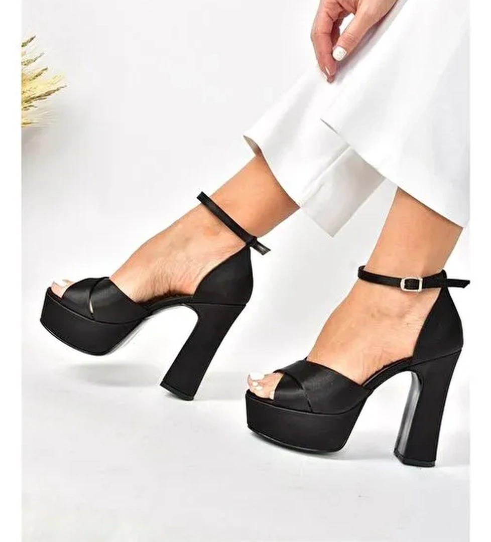 Siyah/Siyah Kumaş Platform Kalın Topuklu Abiye Ayakkabı M348202504 - Görsel 1