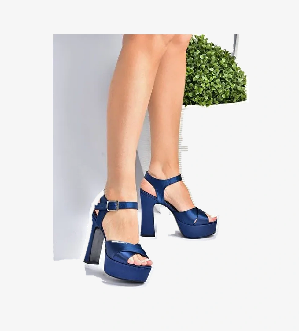 Lacivert Saten Kumaş Platform Topuklu Kadın Abiye Ayakkabı M348202404 - Görsel 1