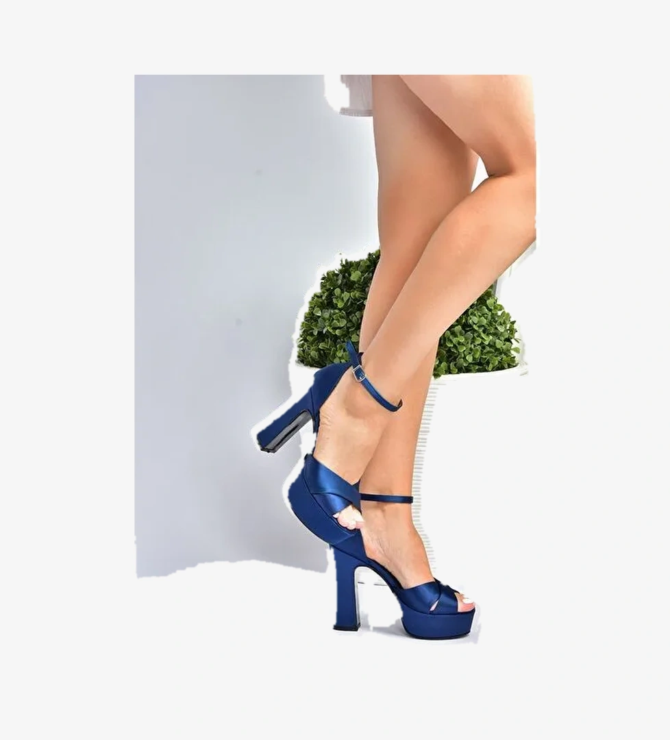 Lacivert Saten Kumaş Platform Topuklu Kadın Abiye Ayakkabı M348202504 - Görsel 1