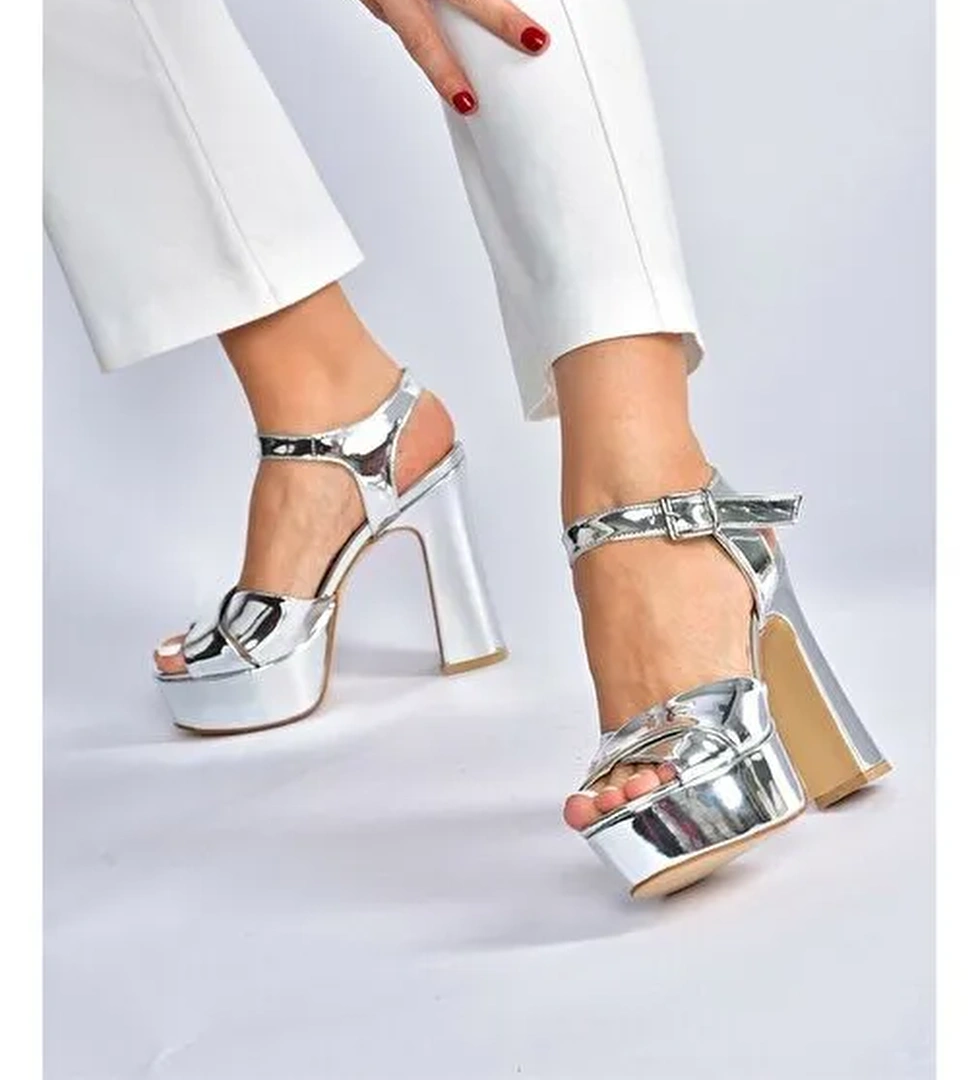 Gümüş Ayna Platform Topuklu Kadın Abiye Ayakkabı M348202434 - Görsel 1