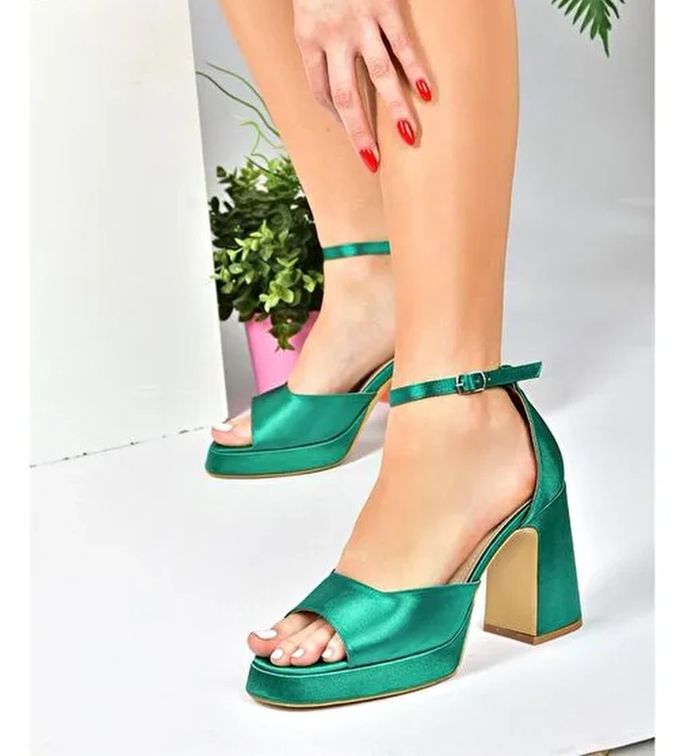 Yeşil Saten Kumaş Kalın Platform Topuklu Kadın Ayakkabı M570020804 - Görsel 1
