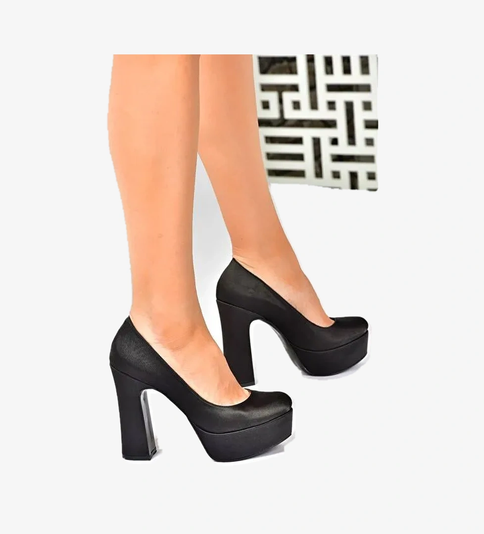 Siyah Saten Kumaş Kalın Topuklu Kadın Abiye Ayakkabı M348007904 - Görsel 1