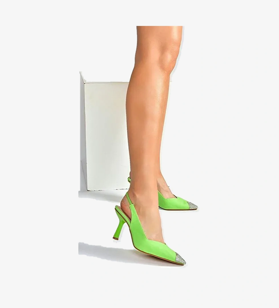 Fıstık Yeşili Saten Kumaş Taş Detaylı Kadın Topuklu Ayakkabı M882027604 - Görsel 1