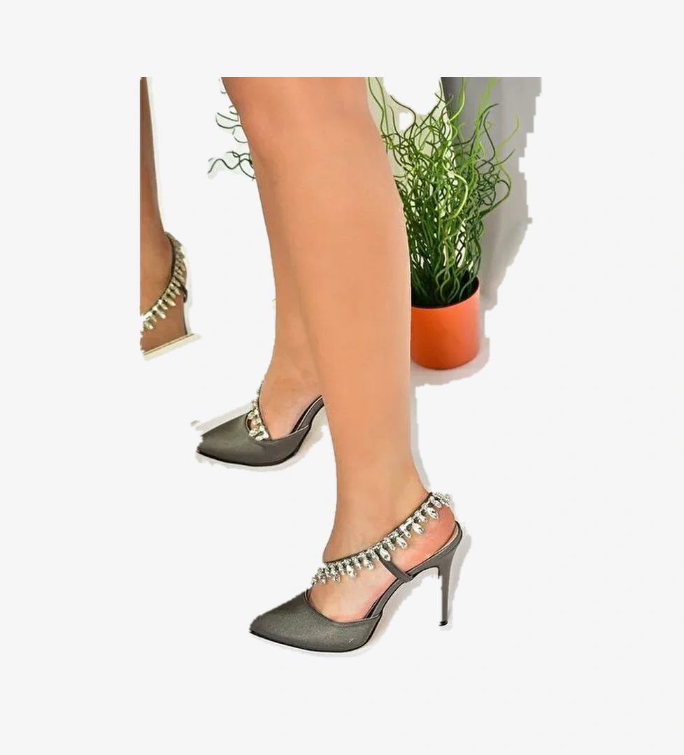 Platin Saten Kumaş Taşlı Kadın Abiye Ayakkabı M246062704 - Görsel 1