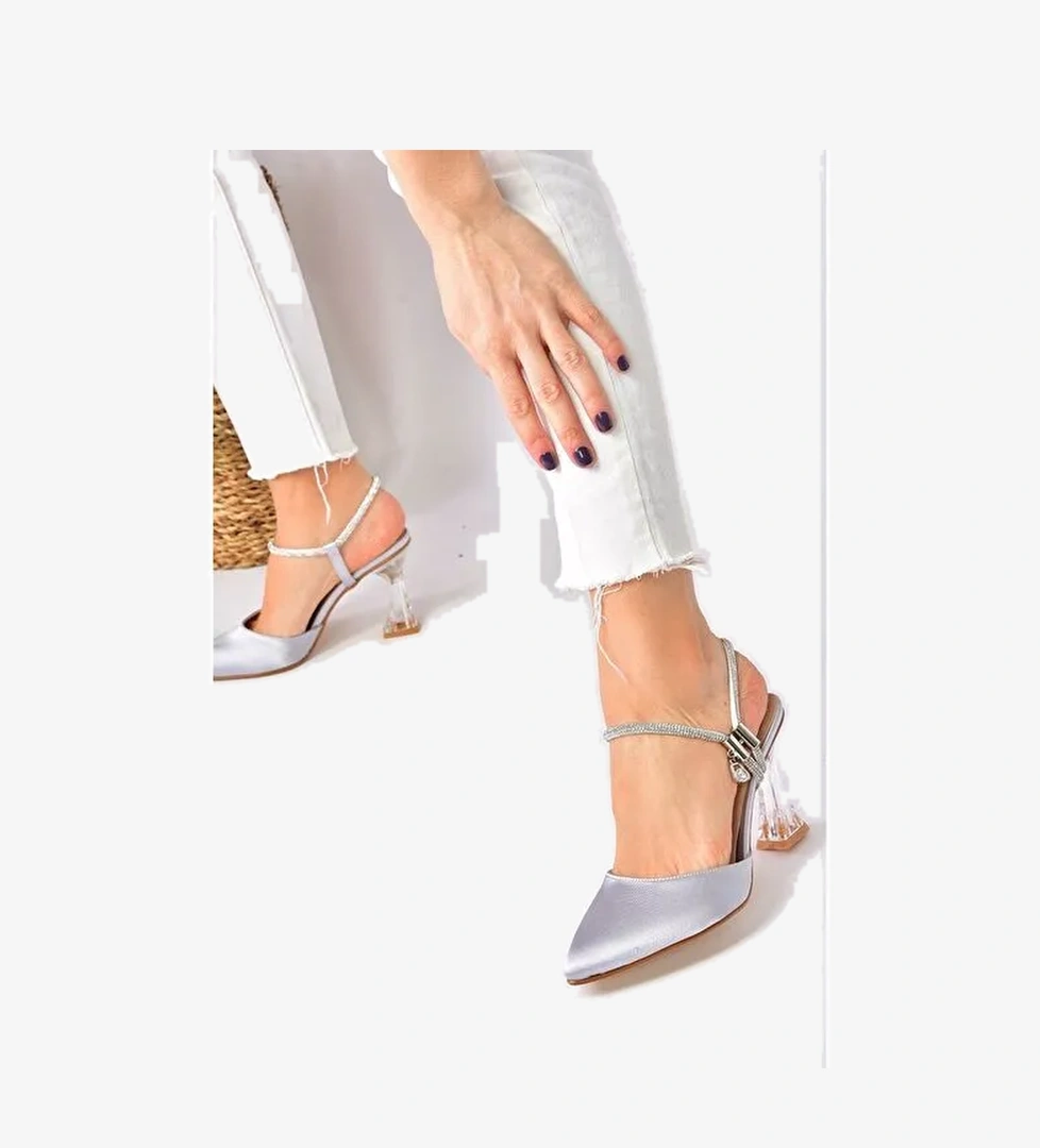 Gümüş Saten Kumaş Kadın Abiye Topuklu Ayakkabı M246066904 - Görsel 1