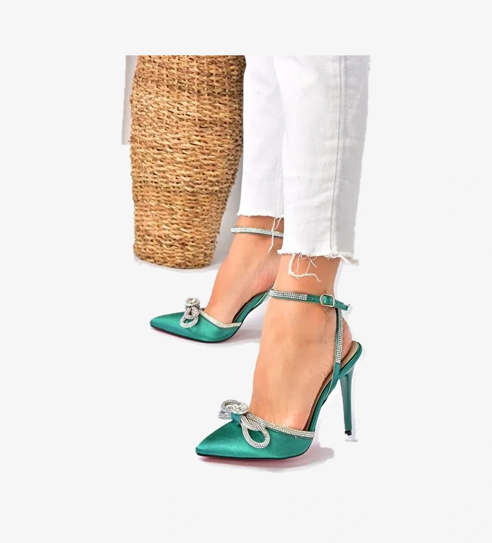 Yeşil Saten Kumaş Taşlı Kadın Topuklu Ayakkabı K654051204 - Görsel 1