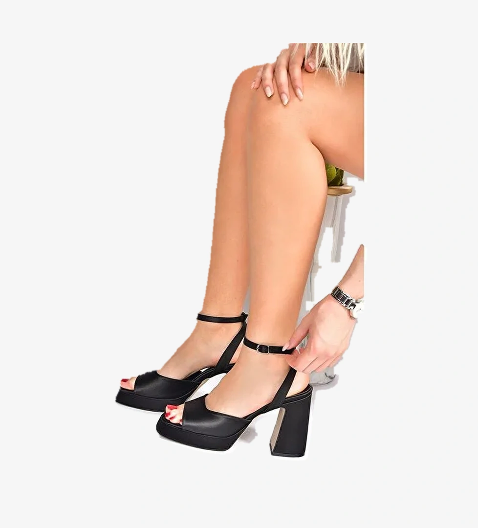 Siyah Saten Kumaş Kalın Platform Topuklu Kadın Ayakkabı M570345604 - Görsel 1