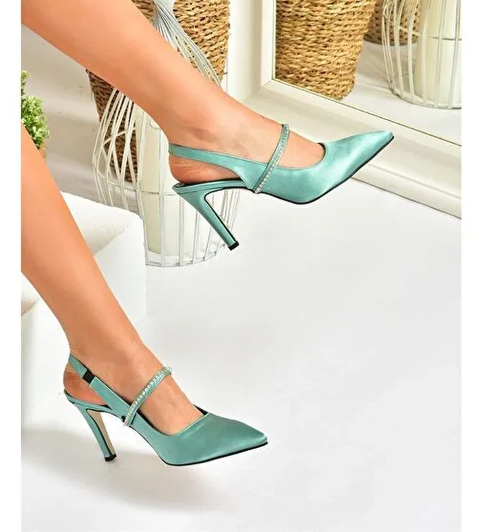 Yeşil Saten Kumaş Taşlı Topuklu Ayakkabı M404707404 - Görsel 1
