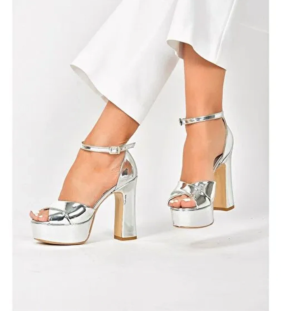 Gümüş Ayna Platform Kalın Topuklu Abiye Ayakkabı M348202534 - Görsel 1