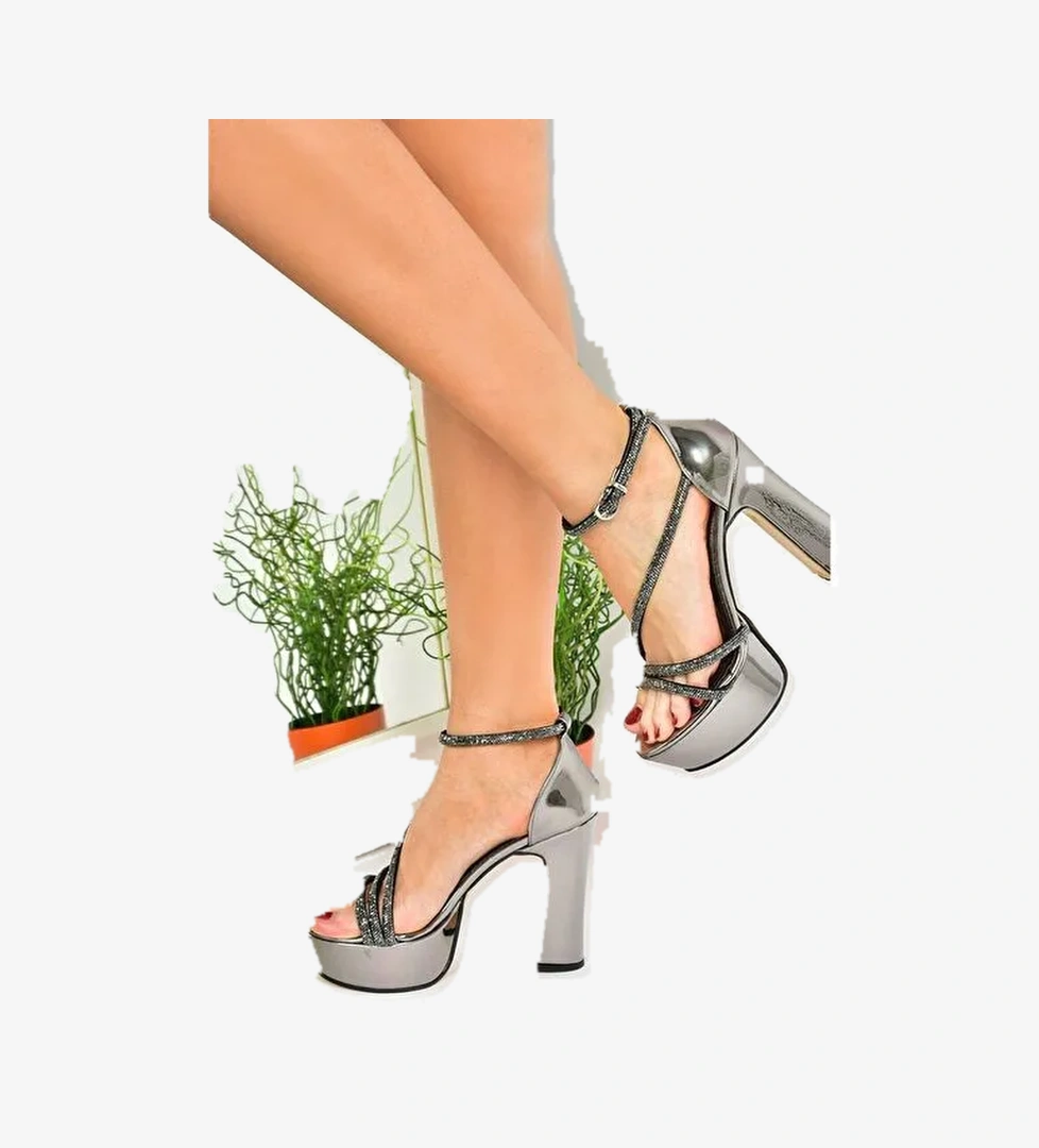 Platin Ayna Taşlı Platform Topuklu Kadın Abiye Ayakkabı M246053534 - Görsel 1