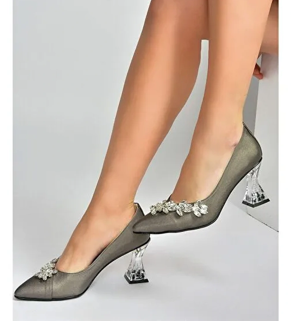 Platin Saten Kumaş Taşlı Kadın Abiye Ayakkabı M246014004 - Görsel 1