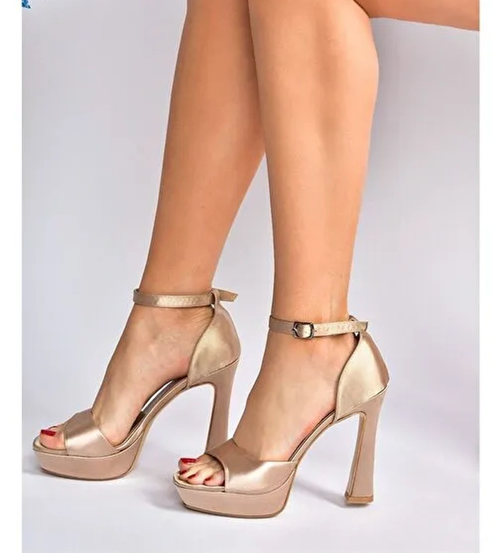 Vizon Saten Kumaş Platform Kalın Topuklu Kadın Ayakkabı K404580104 - Görsel 1