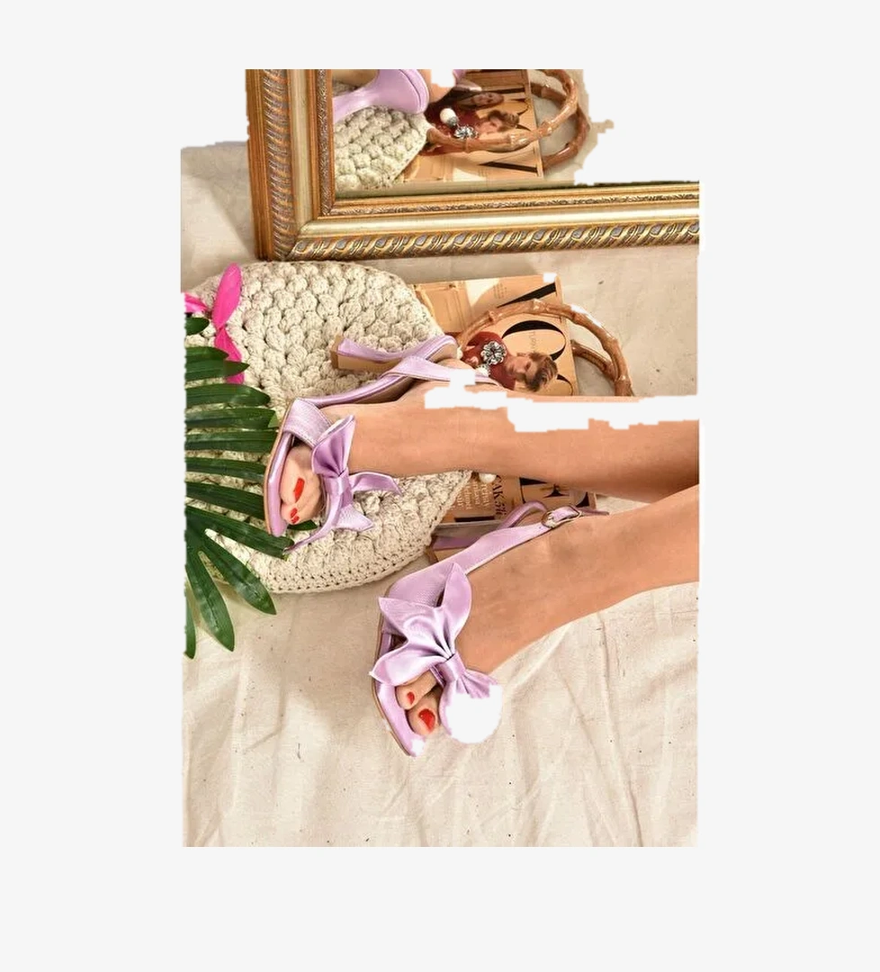 Lila Saten Kurdele Detaylı Kadın Topuklu Ayakkabı K749384904 - Görsel 1