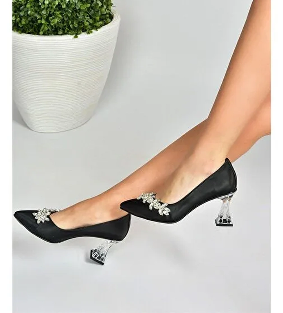 Siyah Saten Kumaş Taşlı Kadın Abiye Ayakkabı M246014004 - Görsel 1