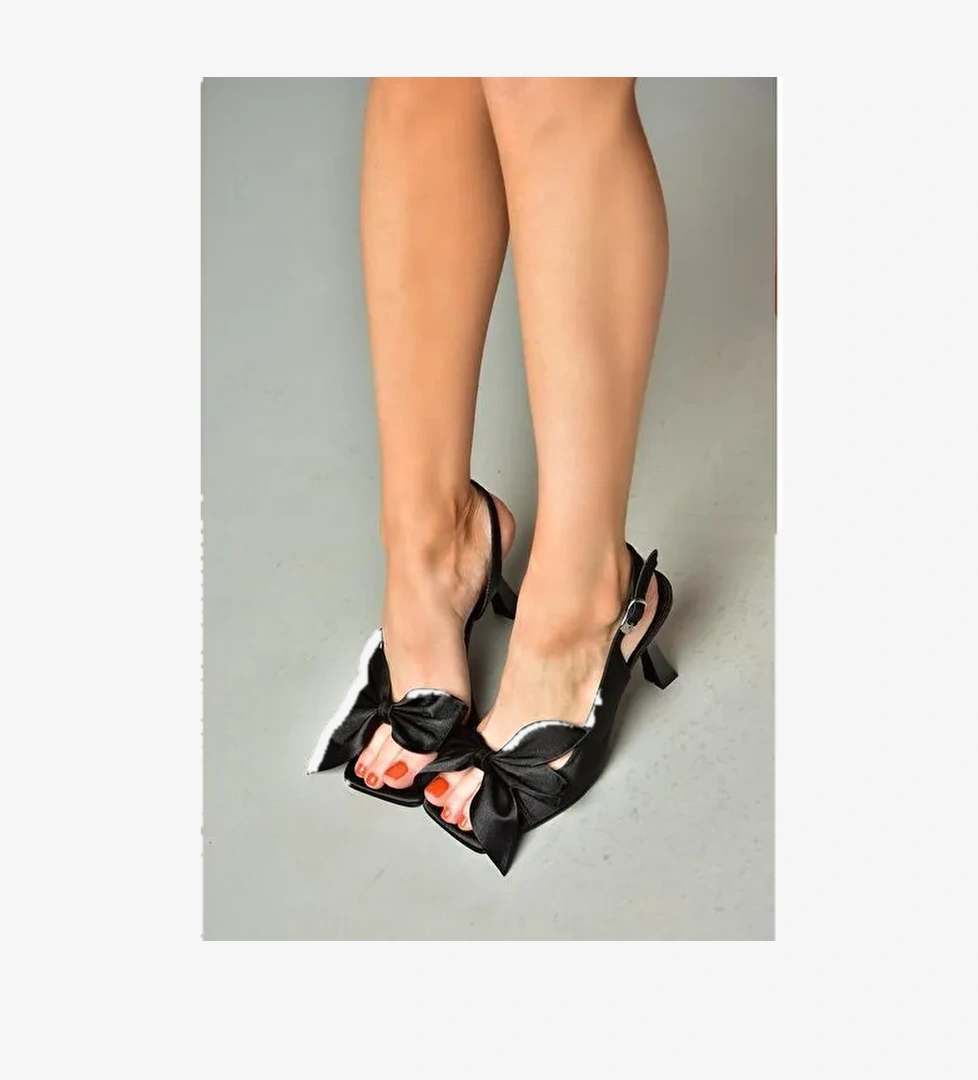 Siyah Saten Kurdele Detaylı Kadın Topuklu Ayakkabı K749384904 - Görsel 1