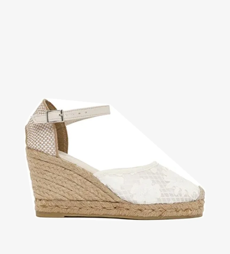 Kadın Krem Bilekten Bantlı Desenli Dolgu Topuklu Espadril 25SFD20756F - Görsel 1