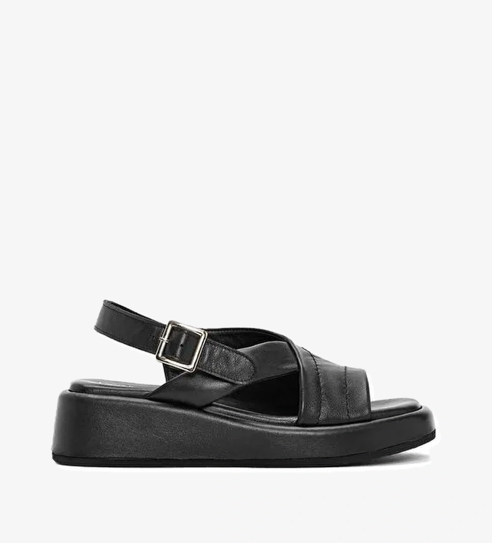 Kadın Siyah Bilekten Tokalı Kalın Tabanlı Deri Sandalet 25SFD201318 - Görsel 1