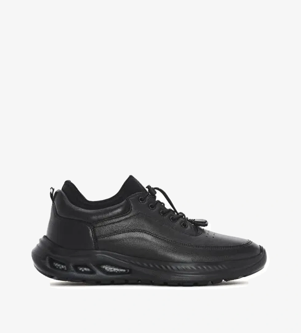 Erkek Siyah Bağcıklı Kalın Tabanlı Deri Sneaker 25SFD641018 - Görsel 1