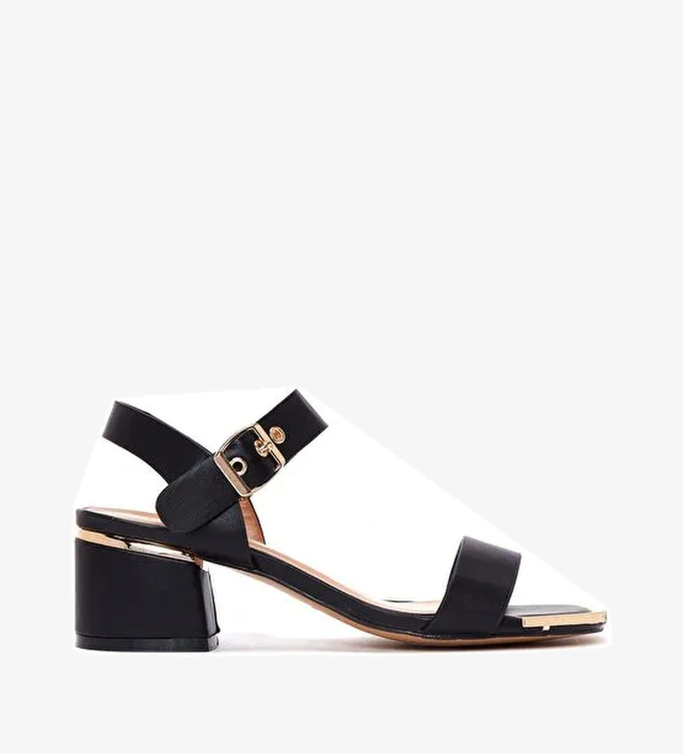 Kadın Siyah Bilekten Bantlı Kısa Kalın Topuklu Sandalet 25SFE461918 - Görsel 1