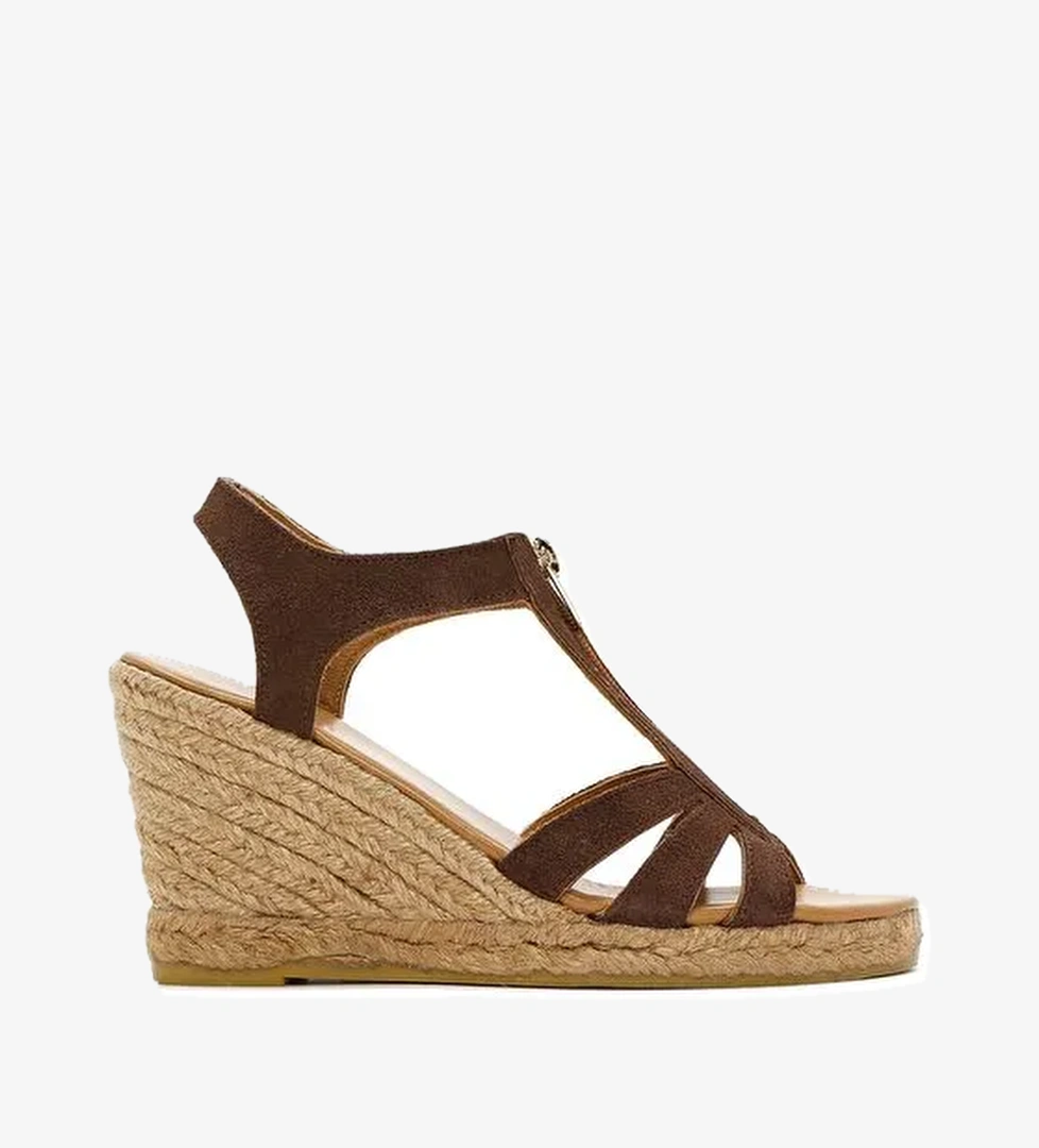 Kadın Kahverengi Fermuarlı Dolgu Topuklu Süet Deri Espadril 25SFD206010 - Görsel 1