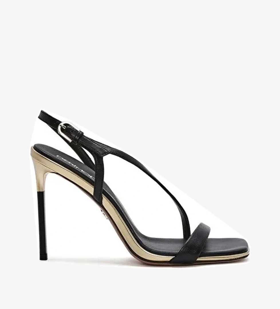 Kadın Siyah Bilekten Bantlı Deri İnce Topuklu Sandalet 25SFD494618 - Görsel 1