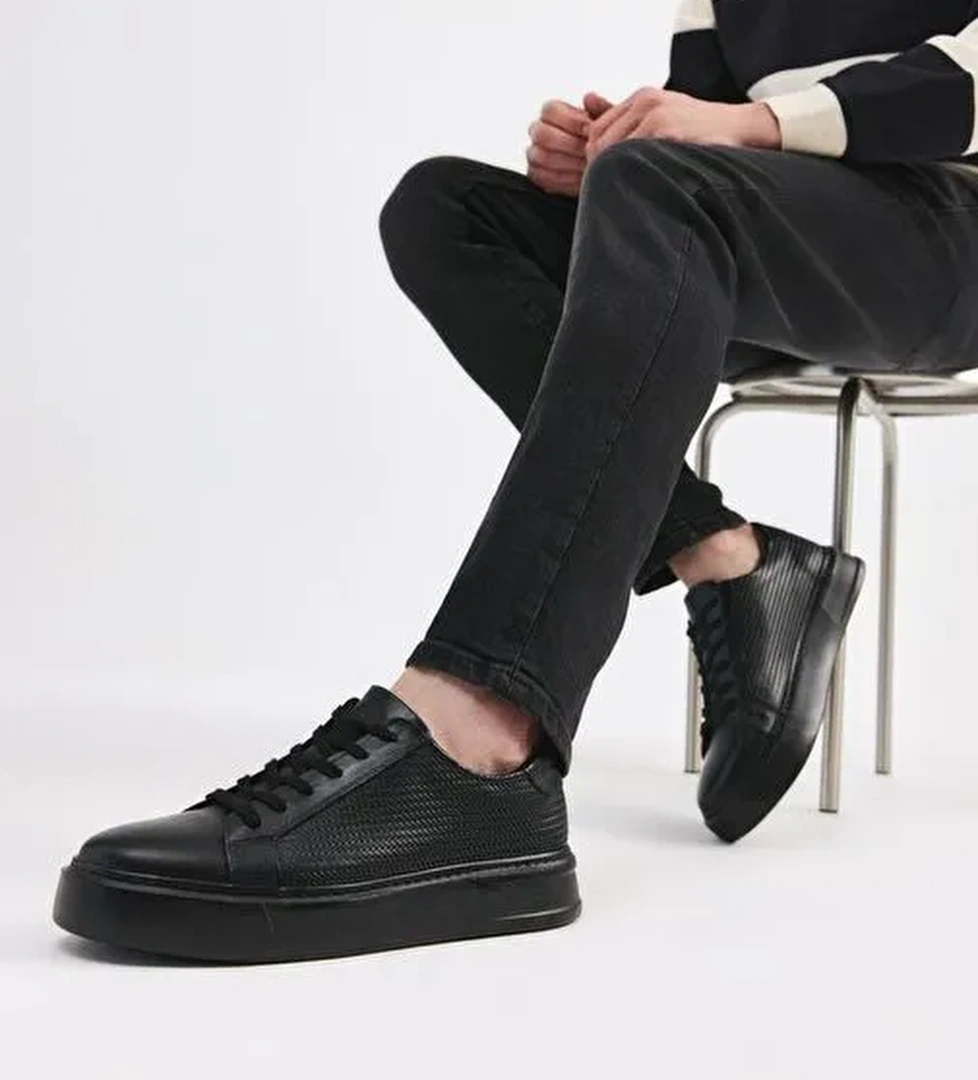 Erkek Deri Siyah Hafif Tabanlı Spor Ayakkabı - Görsel 1