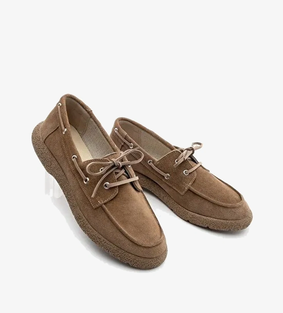 Kadın Hakiki Deri Bağlamalı Loafer Günlük Ayakkabı Enita Camel Süet - Görsel 1