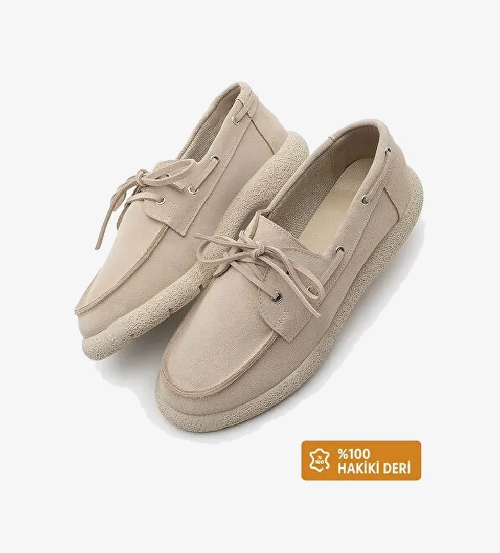 Kadın Hakiki Deri Bağlamalı Loafer Günlük Ayakkabı Enita Bej Süet - Görsel 1