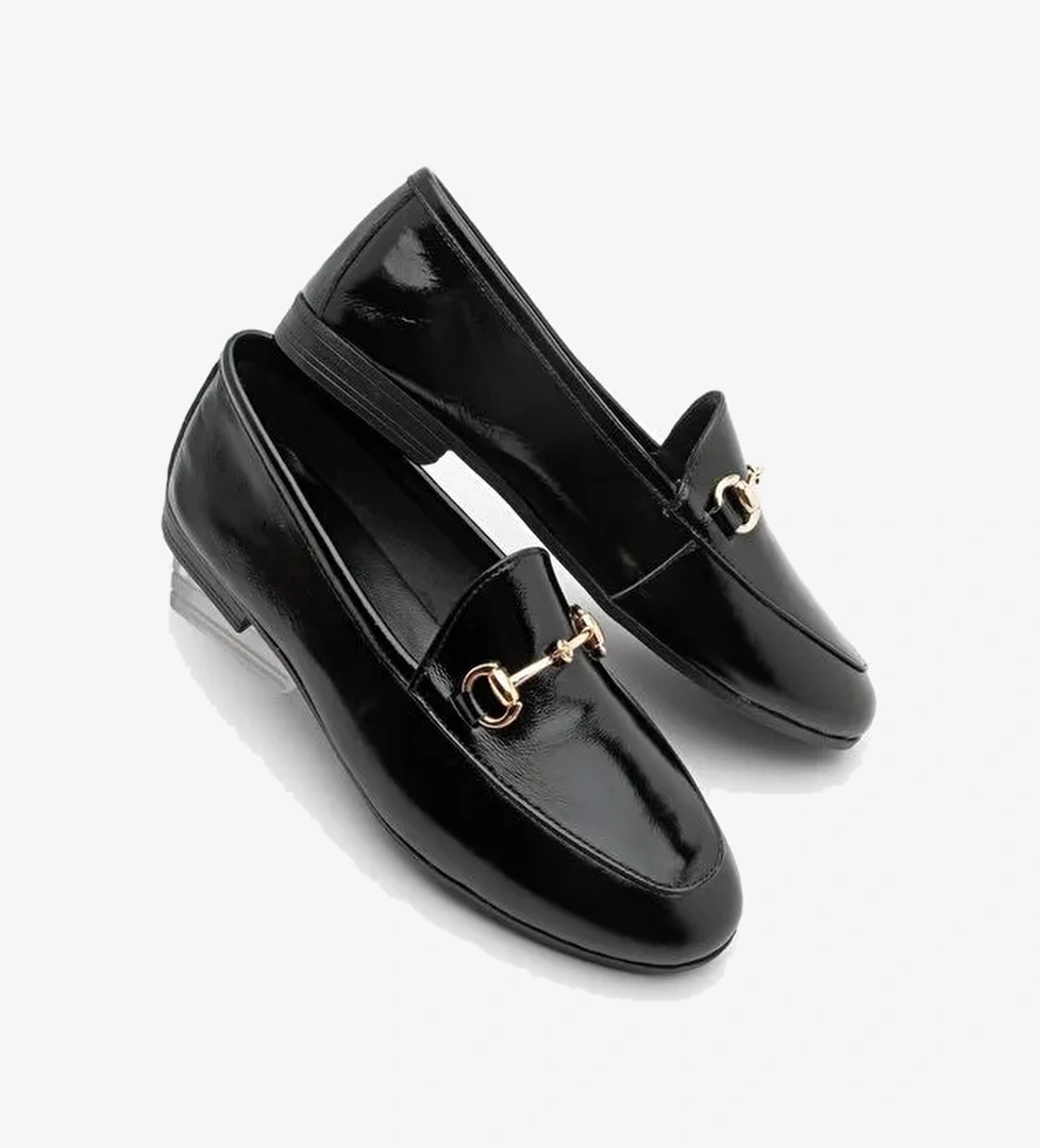 Kadın Hakiki Deri Zincirli Loafer Günlük Ayakkabı Tanle Siyah Rugan - Görsel 1