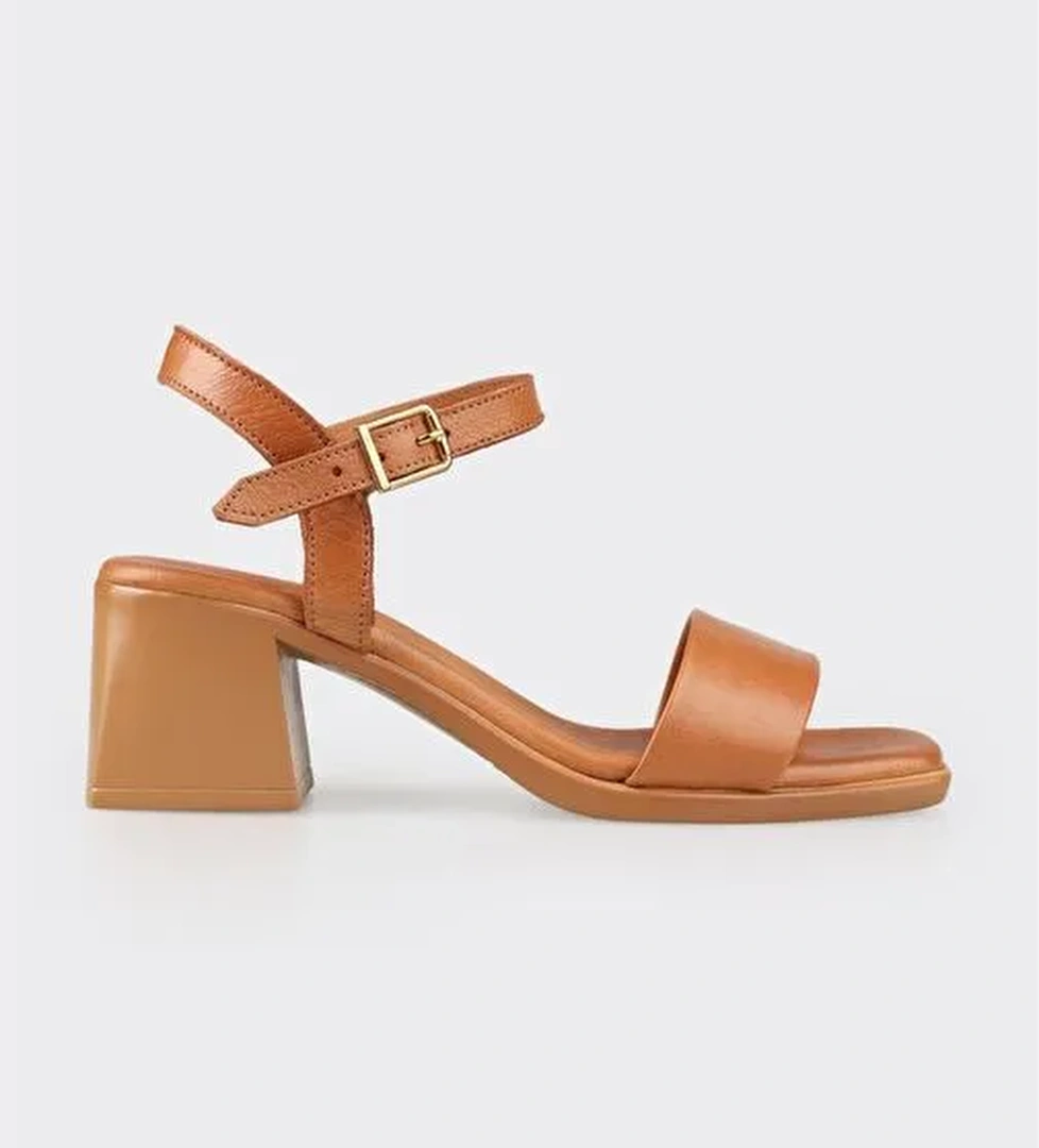 Taba Deri Kadın Topuklu Sandalet - Görsel 1