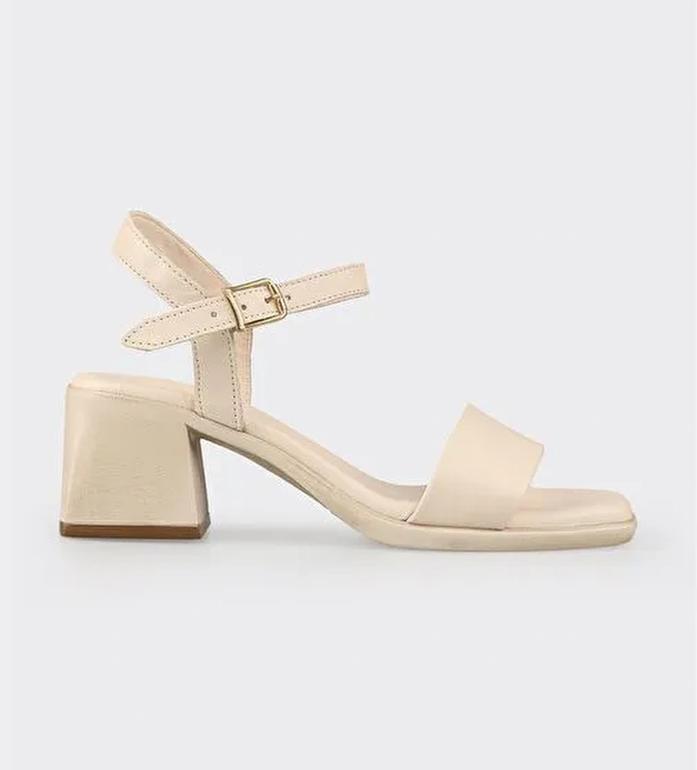 Ekru Deri Kadın Topuklu Sandalet - Görsel 1