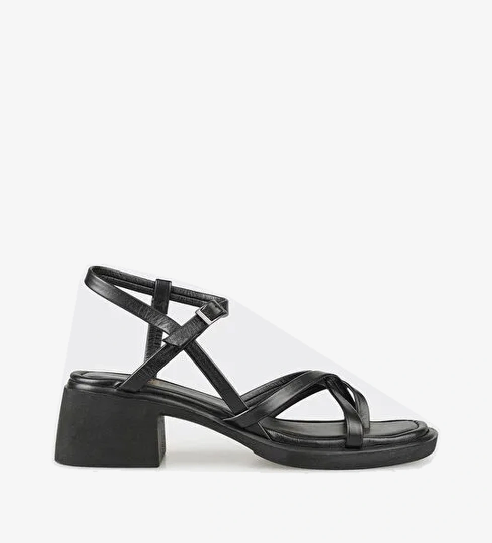 Siyah Deri Kadın Topuklu Sandalet - Görsel 1