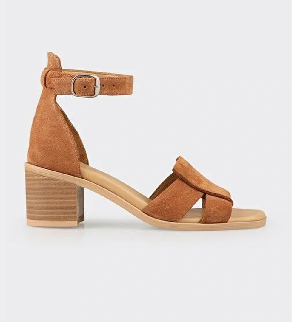 Taba Deri Kadın Topuklu Sandalet - Görsel 1