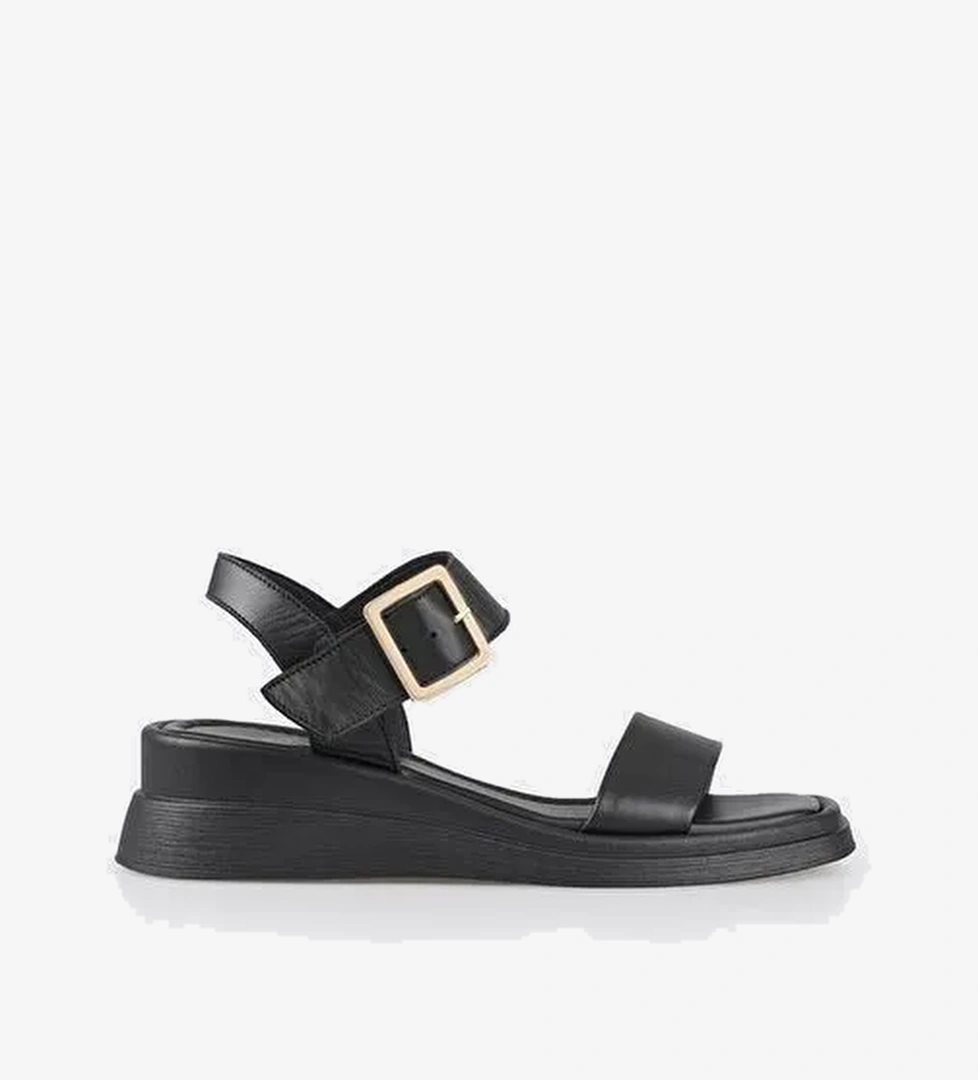 Siyah Deri Kadın Dolgu Topuk Sandalet - Görsel 1