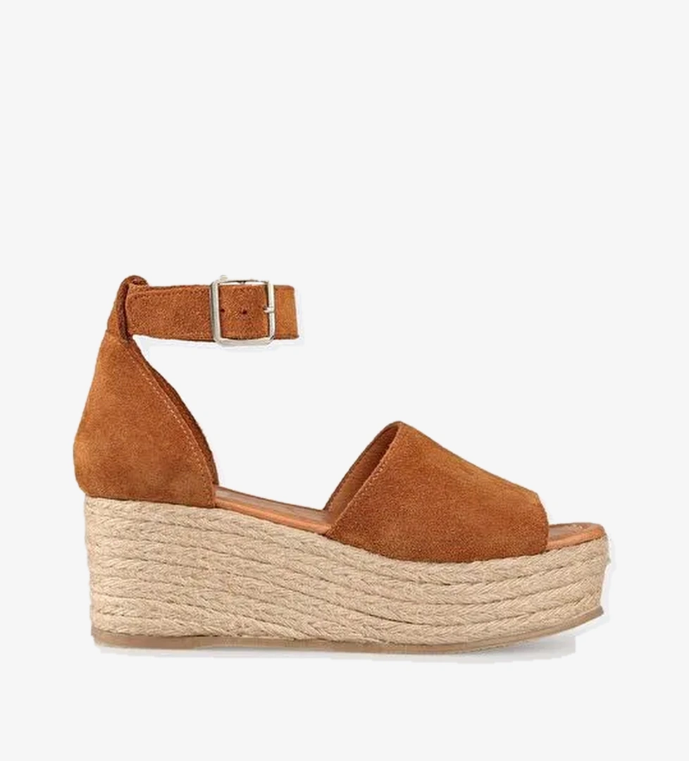 Taba Deri Kadın Dolgu Topuklu Sandalet - Görsel 1