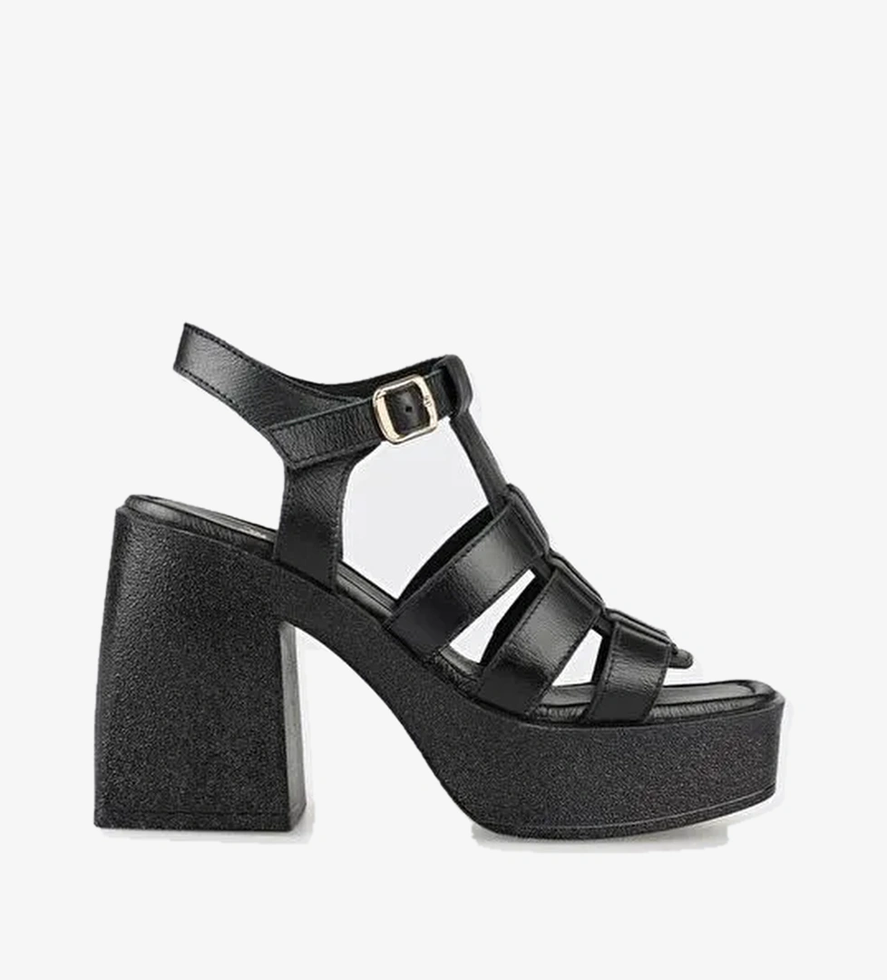Siyah Deri Kadın Topuklu Sandalet - Görsel 1