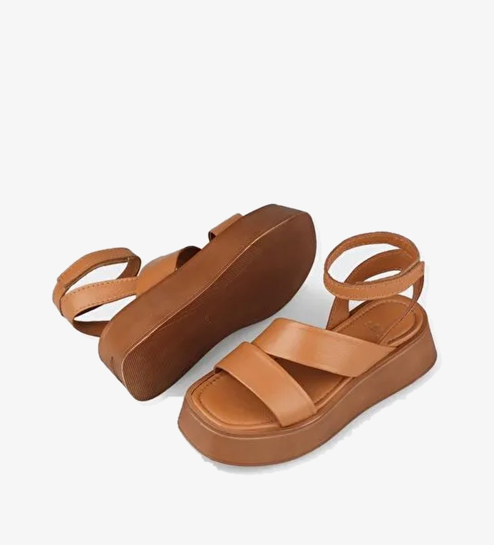 Taba Deri Kadın Dolgu Topuk Sandalet - Görsel 1