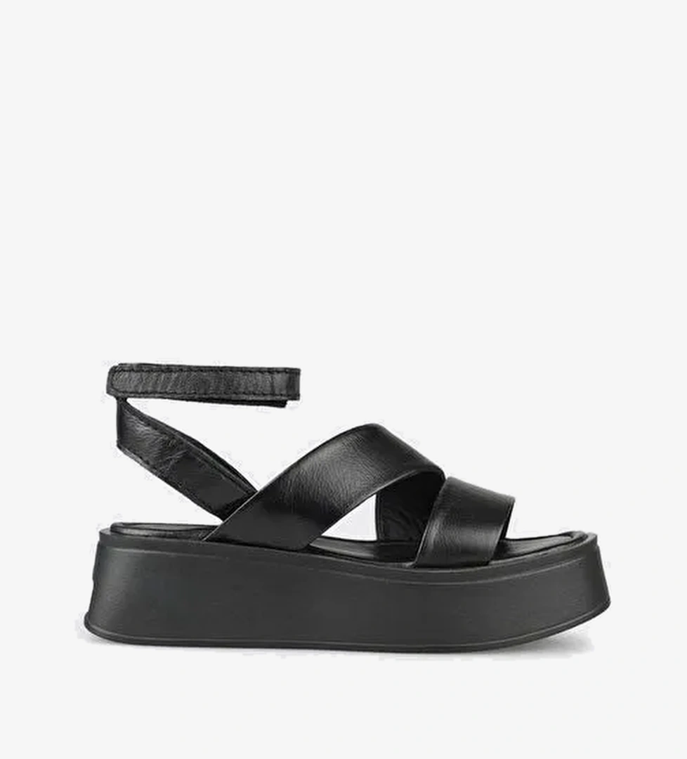Siyah Deri Kadın Dolgu Topuk Sandalet - Görsel 1