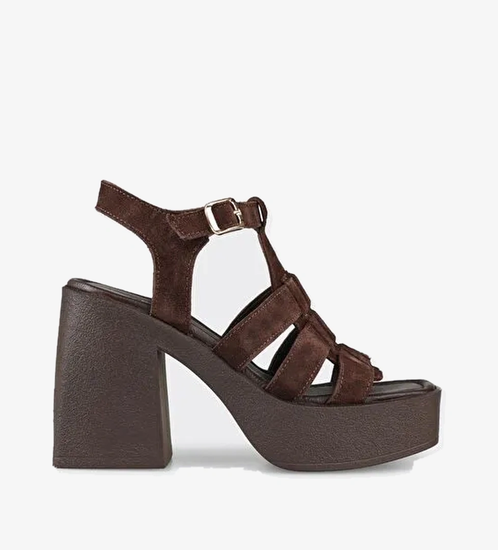 Kahve Deri Kadın Topuklu Sandalet - Görsel 1
