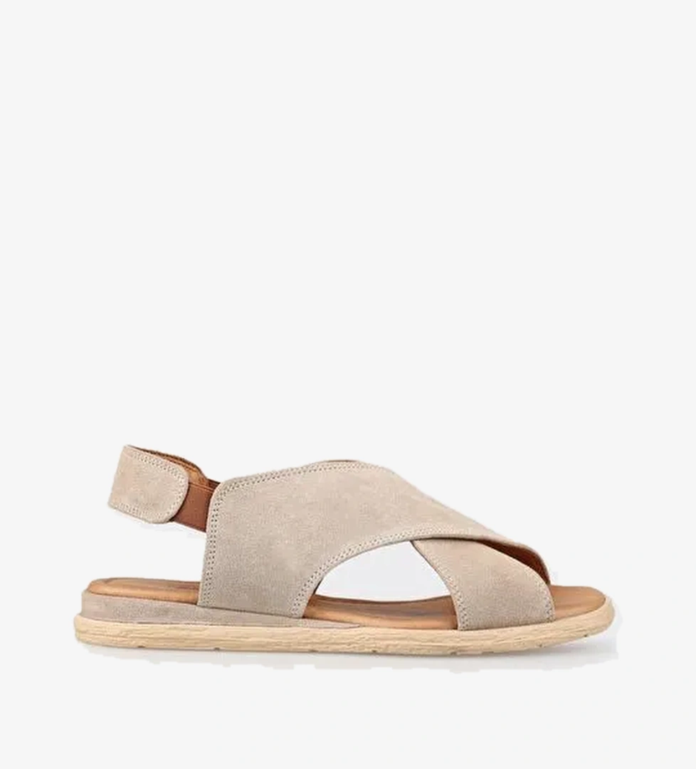 Bej Deri Kadın Düz Sandalet - Görsel 1