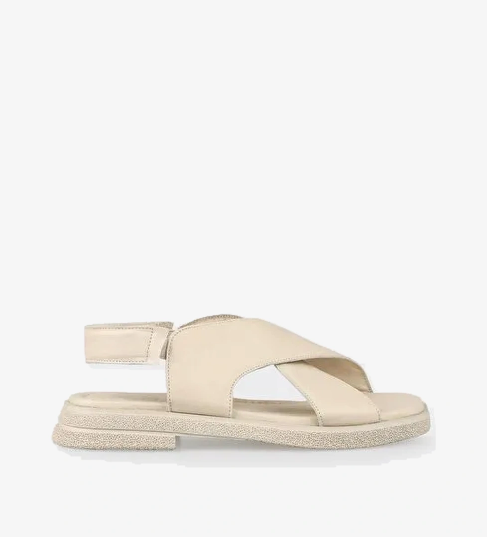 Ekru Deri Kadın Düz Sandalet - Görsel 1