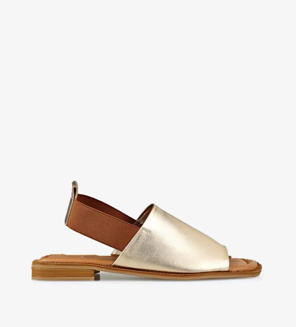 Gold Deri Kadın Düz Sandalet - Görsel 1