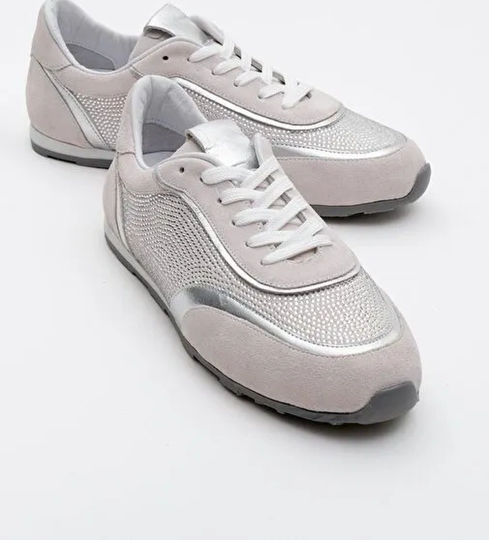 BONİA Beyaz Süet Gümüş Taşlı Hakiki Deri Kadın Spor Ayakkabı - Görsel 1