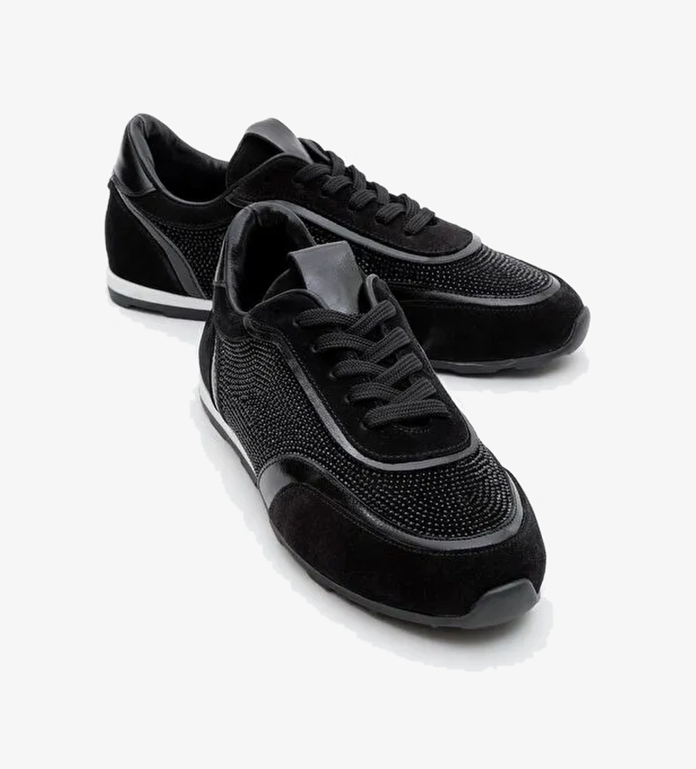 BONİA Siyah Süet Siyah Taşlı Hakiki Deri Kadın Spor Ayakkabı - Görsel 1