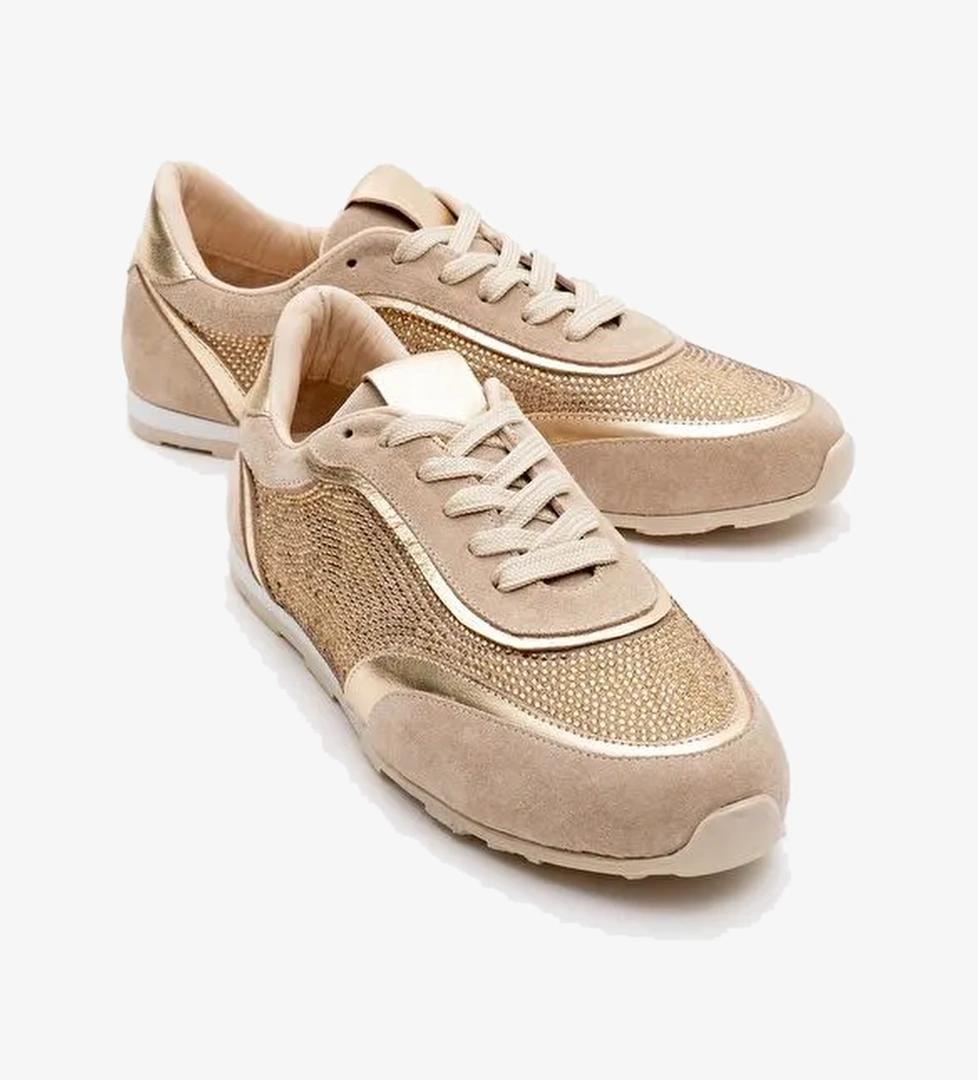 BONİA Bej Süet Altın Taşlı Hakiki Deri Kadın Spor Ayakkabı - Görsel 1